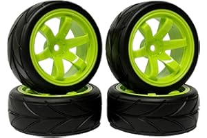 KINGCOO RC Set di pneumatici e ruote per auto, 4 pneumatici in gomma da 64 mm e 6 raggi, cerchioni in plastica, 12 mm, esagonali per 1/10 RC On-Road Run-Flating Touring Racing Auto (verde)