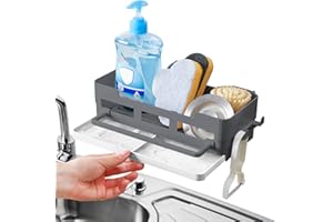 TUFA Organizador Fregadero, Soporte de Esponja sin Taladrar con 2 Ganchos, Soporte Estropajo Fregadero Cocina de Plástico con Bandeja Drenaje, Organizador para Cepillos, Trapos, Esponjas