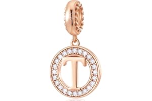 CHAWIN Initial A-Z Letter Charm Bead, Alphabet Charms Rose Gold, Authentic 925 Sterling Silver Charms fit Pandora Charm Bracelets, Necklace, Circle Dangle Charm for Women, Girls, Sparkling Clear Stone