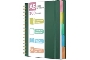 ihaspoko A5 Notebook with Dividers - 100GSM No-Bleed Paper, 300 Pages, PVC Hardcover, Spiral Project Book for School, Office & Gifts (Dark Green)