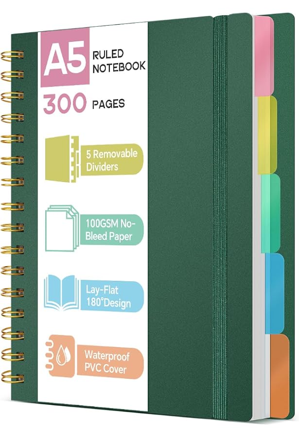 Carnet à Spirales A5 Avec Intercalaires – 300 Pages – Idéal Pour Cours, Notes, Planning – Design Sobre - 10
