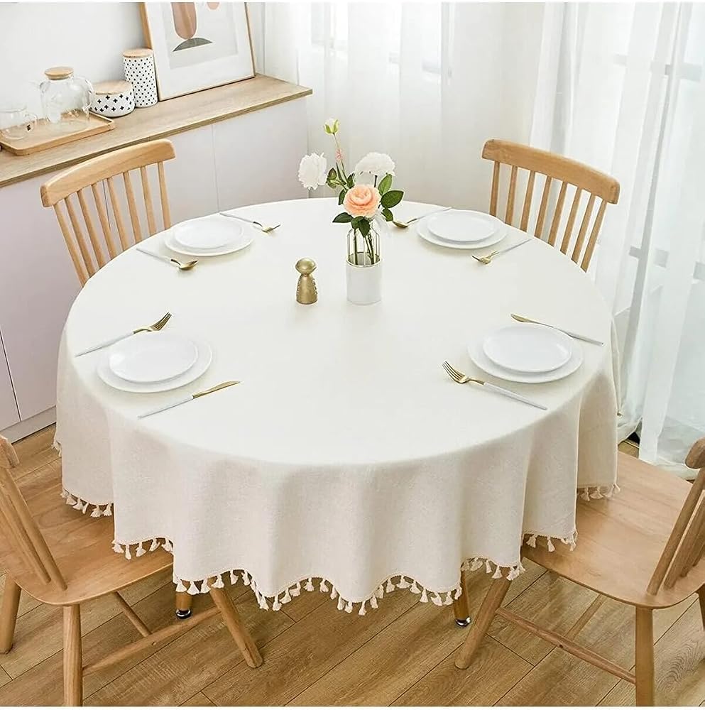 Zeren Home Saçak Püskül Detaylı Sıvı Geçirmez Yuvarlak Masa Örtüsü Krem, 150 x 150