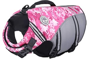 VIVAGLORY Sports Style Dog Life Jacket with Extra Flotation, Adjustable & Durable Swim Vest with Secure Fastening System for Medium Dogs, Camo Pink