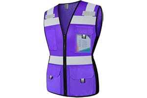 Graunton Safety Vest for Women 11 Pockets Mesh Reflective Vest with Zipper, High Visibility Neon Construction Work Vest for Lady Workers/Surveyors/Driver, Snug-Fit & Durable, ANSI Compliant,Purple M