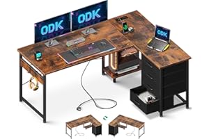 ODK Biurko narożne z 4 szufladami, biurko w kształcie L z gniazdkiem i portem USB, Odwracalne biurko z miejscem do przechowywania do home office (Vintage brązowy, 135×100 cm)