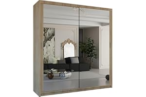 MN FURNITURE Modern Double Sliding Door Wardrobe 2 Mirrored Hanging Rails & Shelves Storage Cabinet for Bedroom (180cm, Houston Oak)