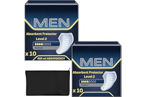 Men Incontinence Pads Level 2 Bundle by Wishesla, Urine Leakage Protective Shield, Multipack 2x10 Total of 20 Mens Pads for Urine Leakage, 100% Discreet, and Black Fabric Toiletries Bag