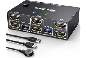 USB 3.0 DHMI KVM Switch 2 PC 2 Monitors 4K@60Hz 2K@144Hz, EDID Emulator, ESKEVE Dual Monitor KVM Switch HDMI2.0 for 2 PCs/Laptops Sharing 4 USB 3.0 Devices with HDMI Cable and Wired Remote Control