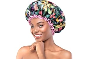 mikimini Shower Cap for Women and Girls, Vibrant Rainforest Print Bath Cap with Pink Ruffle, Reusable Waterproof Double-Layered for Short Medium Hair. Ideal for Tropical Theme Lovers