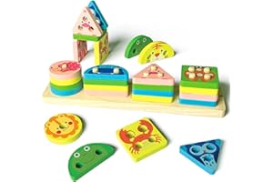 GOUJFOL Giochi Montessori Legno Puzzle, Giocattolo Montessori Forme Geometriche Impilatore Giochi Abbinabili Blocchi Geometrici Colorati, Giochi Educativi Impilabili Regalo Bambini 1 2 3 Anni
