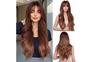 Esmee 24"Peluca sintética de onda natural larga Marrón Miel Ombre con flequillo, adecuada para fiestas de mujeres o para diario