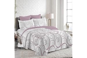 MERCURY TEXTIL- Colcha Bouti Estampada Hojas y Flores, para Verano y Entretiempo 100% Poliéster. Cubre Cama Fina, Ligera y Suave. (Ondas Lila, Cama 150)