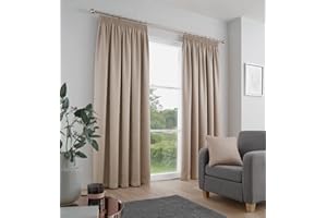 Fusion Natural Pencil Pleat Curtains – W66 x L54" (168x137cm) – 2 Panels – 100% Cotton – Thermal and Soundproof Drapes – Cream Pleated Curtains for Bedroom or Living Room – Sorbonne Collection