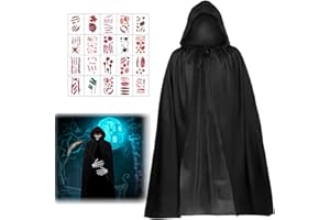 KOIROI Juego de disfraz de Halloween, 90/120/140 cm, capa negra con capucha, capa negra con capucha con 20 tatuajes de Halloween, disfraz de vampiro, disfraz de capa para Halloween, fiesta, decoración,