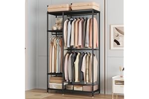 Enjinkail 195cm Tall Heavy Duty Clothes Rail, Metal Open Wardrobe with 6 Shelves and 3 Rods,Max Load 1000LBS, Tall Freestanding Clothing stand, Portable Tidy Rails for Bedroom (114cm wide)