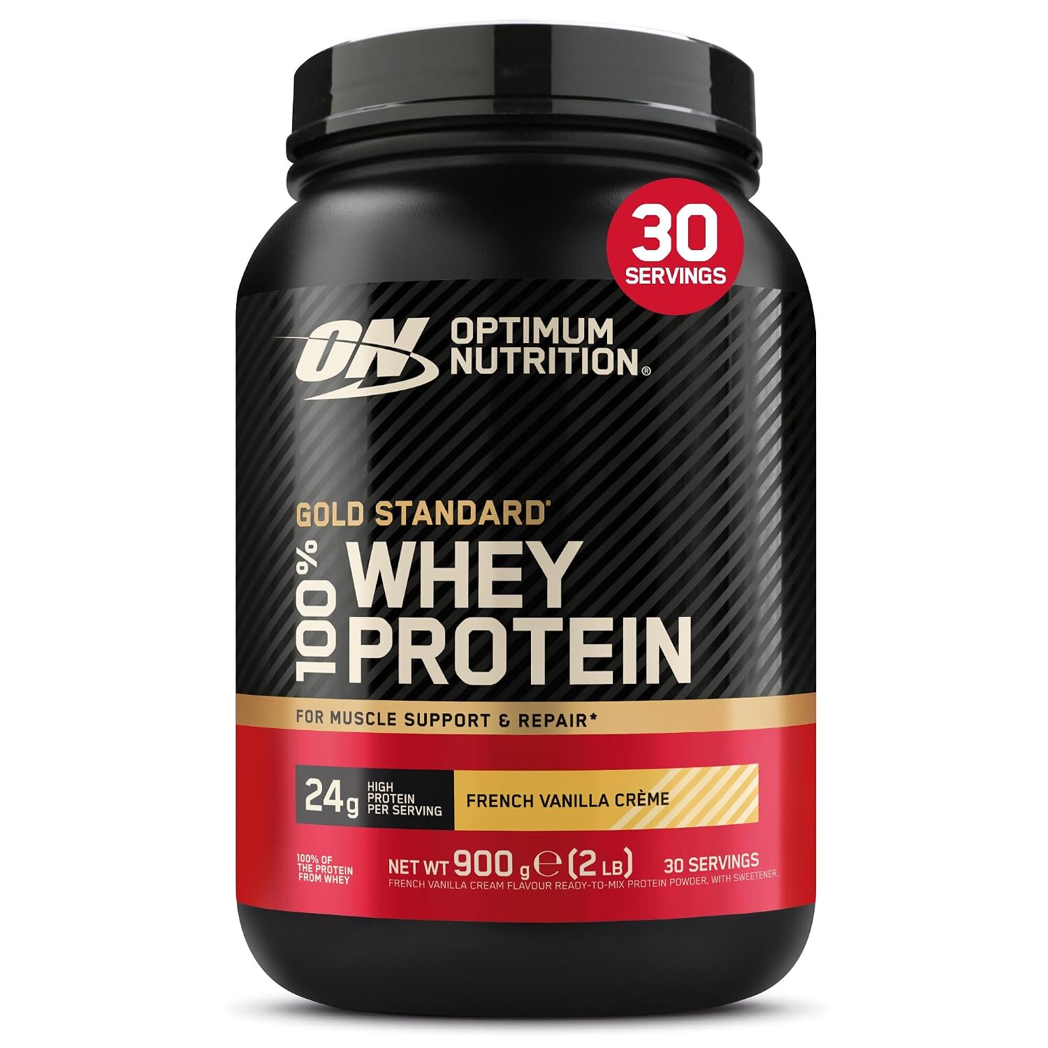 Optimum Nutrition Gold Standard 100% Whey, eiwitpoeder, Franse vanillecrème, 900 g, 30 blikjes