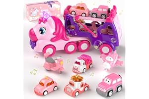 usrela 7 en 1 Camion pour 1 2 3 Ans Filles, Camion Jouet avec Musique et Lumières, Transporteur Voiture de Jouet Cadeau Anniversaire pour 2 3 4 Ans Filles Garcon Enfants