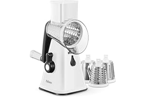 Yabano Rotary Cheese Grater, Vegetable Slicer with 3 Replaceable Stainless Steel Drum Blades, Cheese Shredder with Handle, Easy to Clean Grater for Fruit, Vegetables, Nuts, White