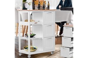 MIADOMODO® Carrello da Cucina con Ruote - Legno di Pino, 67x37x87,5 cm, 3 Ripiani e 3 Cassetti, Bianco - Carrello di Servizio, Credenza da Cucina, Portavivande, Cucina Armadio