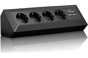 VOREX Regleta de Esquina Schuko, USB, para Cocina, Oficina, Taller, Ideal para encimeras de Cocina, Toma sobresaliente o bajo encimera, sin Cable, plástico, Negro