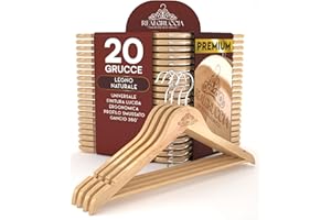 EUROCALI 20 Grucce Appendiabiti in Legno Naturale per Vestiti Abiti Giacche Camicie - RealGruccia Barra porta Pantaloni Tacche Antiscivolo e Gancio Girevole 360° - Finitura Lucida e Profilo Smussato - 22x45cm
