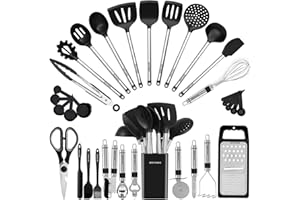 BESTZMWK Juego de utensilios de cocina, utensilios de cocina de silicona, 33 utensilios de cocina y cucharas para utensilios de cocina antiadherentes, juego de espátulas de silicona y acero inoxidable, las