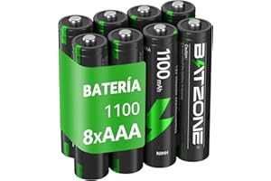 BATZONE 8 x AAA Pilas Recargables, Pila AAA Ni-MH 1100mAh de Alta Capacidad, Pila Ni-MH 1200 Tech, Baja Autodescarga 1,2V AAA, con Caja de Protección de Pila