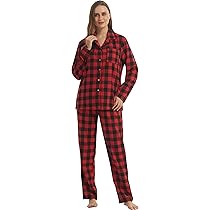 MIA LUCCE Pyjamaset voor dames, lang, met knoopsluiting, flanel, damespyjama zacht bovenstuk en pyjamabroek, tweedelige huiskleding voor dames XS-XL, Roze rooster., L