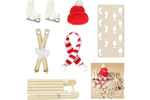 YUNSTK Wichtel Schlitten Set, Deko Schlitten Weihnachten, Weihnachtswichtel Zubehör inkl Holzschlitten Ski Schlittschuhe Mütze Schals Schnee Fußabdrücke, Miniatur Wichteltür Zubehör Wichtel Geschenke