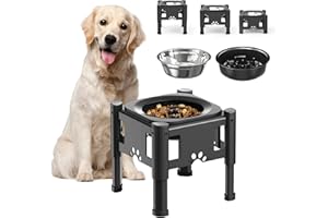 Lewondr Erhöht Hundenapf, 1000ml Edelstahl Hund Futternapf & 1100ml Langsam Futternapf, 3 Höhenverstellbar rutschfest Napfständer, Abnehmbar Futterschale Wasserschale für Groß Mittelgroß Klein Hunde