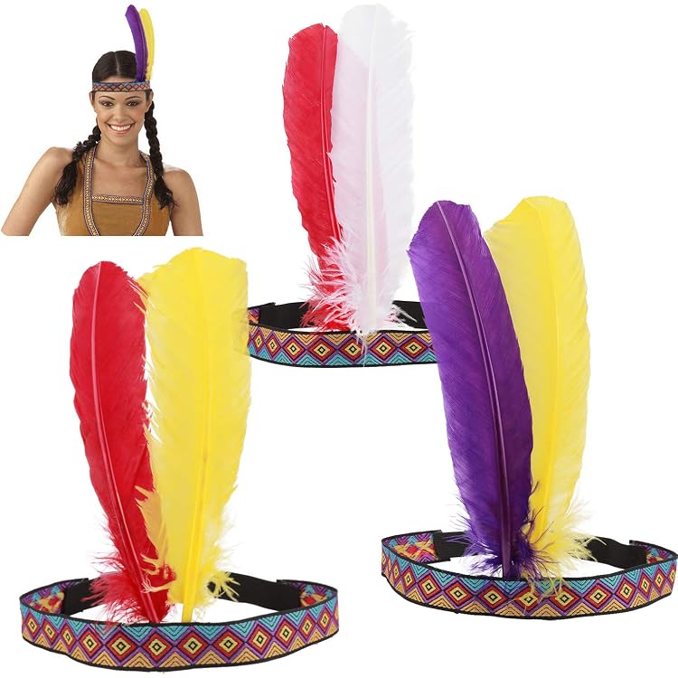4-tlg. Indianer-Stirnbänder Mit Federn – Für Kindergeburtstag, Karneval, Motto-Party (flexibel, Bunte Muster, Rot/gelb/grün)