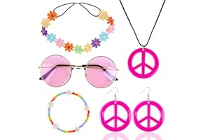 KITIMI Hippie Kostüm Set Hippie Accessoires 60er 70er Jahre Accessoires Vintage Accessoires Flower Power Accessoires Inklusive Hippie Vintage Brille Hippie Haarband Armbänder Peace Kette Ohrringe