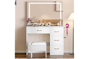 DWVO Vanity Table and Stool Set with LED Mirror, Makeup Desk with Adjustable 3-Colour Lighting, 4-Drawer Storage, Hair Dryer Rack & Built-in Plug Socket, Dressing Table for Bedroom, White