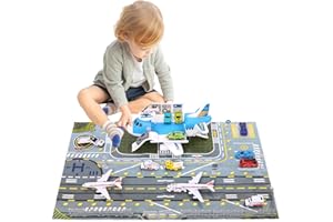 Maycoly Transport Flugzeug Spielzeug,Insgesamt 15 Fortbewegungsmittel mit Verkehrsschildern und Spielmatten,Flugzeug für Kinder mit Hubschrauber,Auto Spielzeug Kinder 3+ Jungen Mädchen