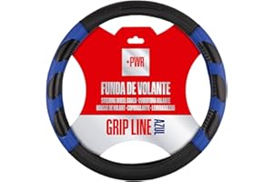 +PWR Car Parts Funda de Volante Modelo Grip Line Negra y Azul Universal para Volantes de Turismos de 37 a 39 cm. Antideslizante. Fabricada en 100% Poliéster
