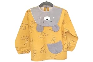 BIDABOUM® Bavoir tablier bebe enfant à manches longues en tissu coton. Parfait pour manger, peinture, cuisine, maternelle, école, cantine, dme. Serviette bavoirs bébé, imperméable, zéro plastique.