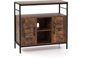 TANGZON Buffet Sideboard, Kitchen Storage Cabinet with 2 Doors, Adjustable Shelves, 3 Hooks & 2 Anti-tipping Kits, Industrial Cupboard Organizer for Dining Room, Living Room, Rustic Brown and Black