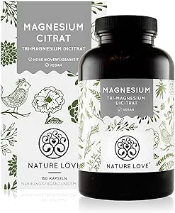 NATURE LOVE® Premium Magnesiumcitrat - 2250mg (360mg elementar) Magensium je Tagesdosis - 180 Kapseln - Hochdosiert, laborgeprüft, ohne Zusätze, vegan &amp; in Deutschland produziert