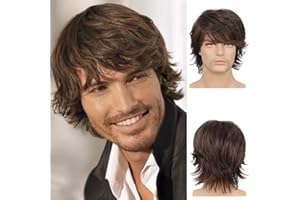 BEWEIG Peluca Para Hombre Pelucas Masculinas Sintéticas Onduladas Cortas Marrones Con Flequillo Disfraz De Fiesta De Halloween Cosplay Diario