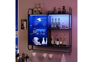 ‎YOURLITE YOURLITE Bar Regal Wand, Schwebende Regale mit LED, Wandregal mit Verstellbarer Glasablage, mit 6 S-förmigen Haken, Wein Kaffee Bar Regal, für Spielzimmer, Wohnzimmer, Küche, Schwarz