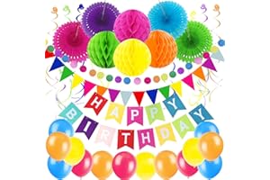 ZERODECO Birthday Party Decoration, Multi-colored Happy Birthday Banner with Paper Fans, Honeycomb Balls, Triangular Pennants, Circle Paper Garland, Hanging Swirls and Balloons