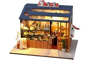 PEOSEVI Kit Miniature Japonais Style Maison Miniature avec des Meubles Restaurant De Sushi, Maison Miniature avec Housse De Protection Et Lumière LED