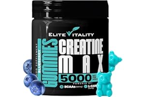 ELITE VITALITY Creatine Monohydrate Gummies 5000mg + BCAAs & L-Carnitine – Vegan, Sugar-Free, Pre Workout Muscle Recovery Supplement for Men & Women – 90 Gummies – Delicious Blueberry– Gym & Fitness Support