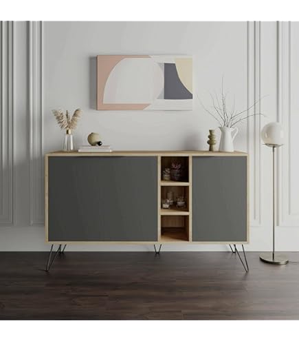 Credenza Dmora Renee - Buffet Soggiorno Bianco E Quercia, 147x39x81 Cm, Con Ante E Cassetti