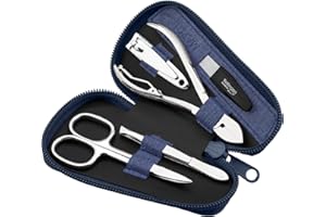 marQus - Set manicura y pedicura de 5 piezas para hombre y mujer, estuche de piel sintética con diseño de tela vaquera, fabricado en Europa, ideal para viaje