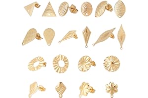 DICOSMETIC 20Pcs 10 Styles Stainless Steel Stud Earrings 20Pcs Gold Earring Studs with Ear Nuts Round Rhombus Triangle Earring Post with Loop Leaf Teardrop Stud Earring for Jewelry Making