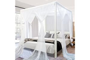 South To East White Canopy Curtains 4 Corner Bed Canopy Elegant Bed Curtains for Bedroom Decor 75D Polyester Mesh 4 Openings Easy Installation Bed Curtain