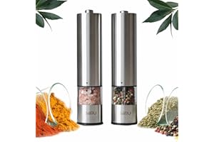 MIRU Macina Sale e Pepe Elettrico, Macina Spezie Automatico Con Granulometria Personalizzabile, Led Integrato, Per Sale e Pepe (Metallico, Set di 2)