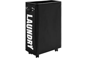 DOKEHOM 25-Inches Slim Cesta de Lavandería con Ruedas, Cesto de Lavandería Colapsable con Ruedas, Cestos Estrechos Para Almacenamiento de Ropa en Esquina (Negro)
