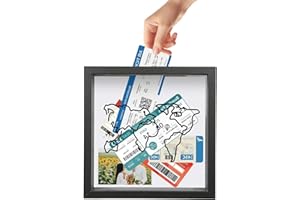 Eidoct Travel Adventure Archive Shadow Box Large Travel Memory Box Wooden Creative Display Cases with Slot on Top Keepsakes Storage Box with World Map for Travel Tickets Stubs 30x30x4.5cm (Black)